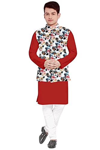 Image of Os Men's & boy kurta pyjama set with nerhu jackets (Multi printed) in cotton (baap beta|father son|)