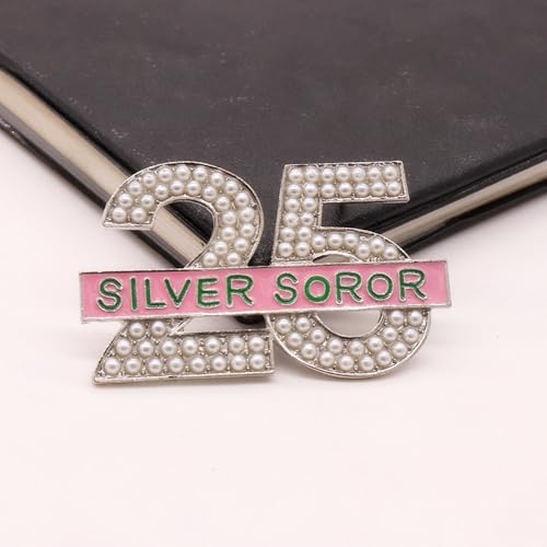 Image of Pearl Number 25 Silver Soror Pin Pink And Green Sorority Greek Letters Lady Brooch Gifts Sisterhood Jewelry