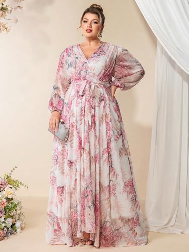 Image of Spring Summer 2024 Plus Size Womens Dresses V Neck Casual Elegant Long Sleeve Floral Print Maxi Dress
