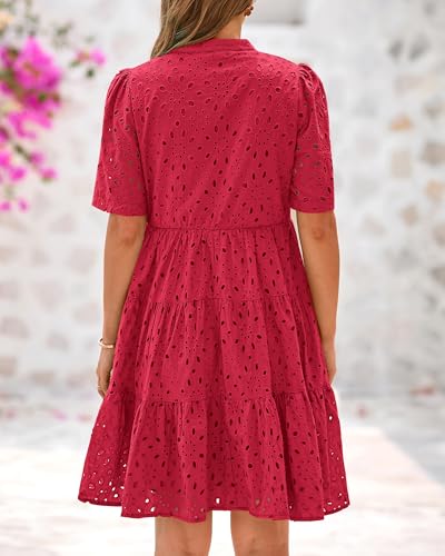 Image of BTFBM Womens Boho Summer Dresses 2026 Spring V Neck Short Sleeve Hollow Out Lace Ruffle Casual Beach Mini Vacation Dress