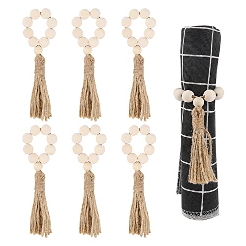 Boho Napkin Rings,6 Pcs Nature Wood Bead Napkin Holders With Jute Rope Tassels Handmade Wood Beaded Napkin Buckles Rustic Farmhouse Wood Beads Garland Wall Hanging Table Decoration For Wedding Banquet #TOP24