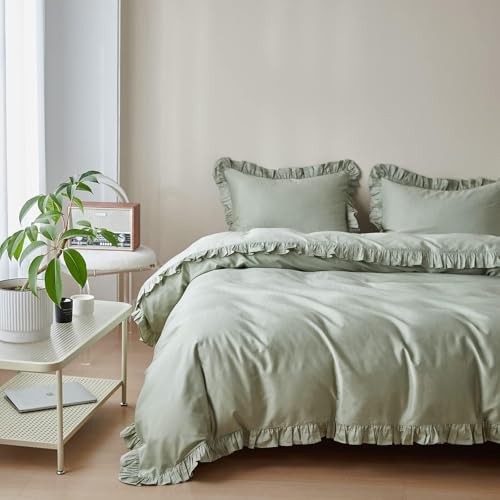 Simple&Opulence Kids 100% Organic Cotton Twin Duvet Cover Ruffle 2Pcs(1 Comforter Cover 1 Pillowcase) Cute Lace Vintage Boho Shabby Chic Farmhouse Bedding Set Teen Girls(Sage Green, Twin) by Simple&Opulence - Image 6