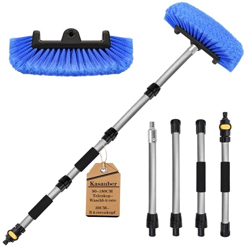 Teleskop Waschbürste mit Wasseranschluss | 180cm Autowaschbürste mit Teleskopstiel | Weiche Auto Reinigungsbürste Autopflege Bürste für Wohnwagen, Wohnmobil, Caravan, Trucks, PKW, LKW, Boot