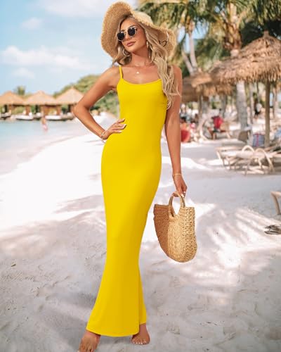 Image of AUSELILY Womens Bodycon Maxi Dress Square Neck Sexy Slip Long Dress | Sleeveless slip design with a long skirt line, Going out dress for celebrations, Style with heels