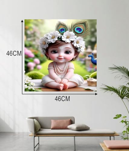 Image of Akki Wold Cute White Krishna With 2-Feather Wall Poster Living Room, Office, Pooja Room (Size - 46CM X 46CM)