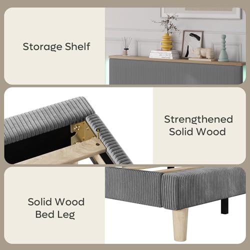 Image of Bestier Queen Size Bed Frame with Headboard Shelf & LED, Upholstered, Grey