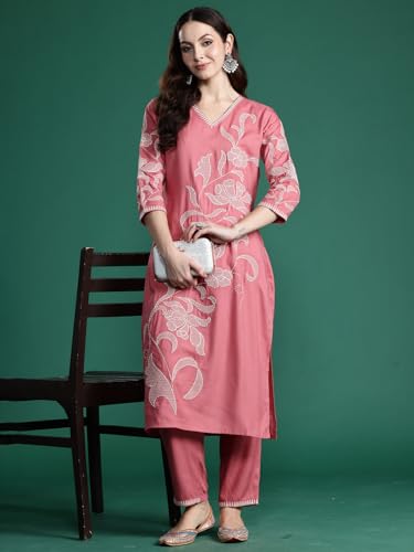 Image of INDO ERA Womens Pure Cotton Embroidered Straight Kurta Pant Set (KS0MU9861)