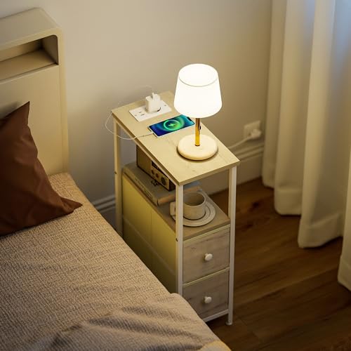 HOMCOM Juego de 2 Mesas Auxiliares con Enchufe, Mesitas Auxiliares Estrechas con Toma AC, Puerto USB, Puerto USB-C, 2 Cajones de Tela, Estante Abierto, para Salón, Dormitorio, Natural - imagen 9