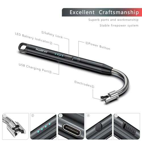 Set of 2 Electric Windproof Candle Lighters - USB Rechargeable Arc Long Stick Lighter, Black, Silver - Image 3
