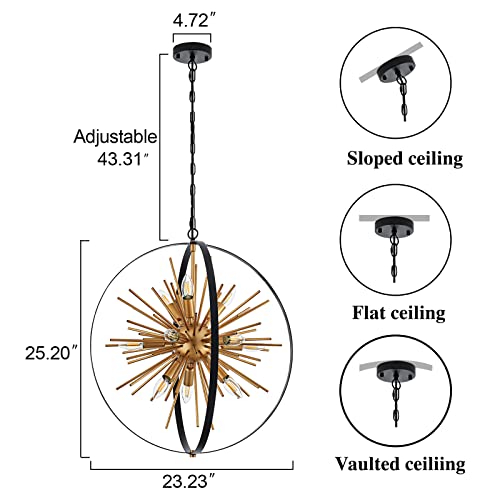 Tacdandm 23.2'' Black Gold 12-Light Globe Sputnik Chandelier Modern Industrial Adjustable Hanging Ceiling Firework Pendant Light Fixture For Entryway Foyer Stairway Bedroom Dining Living Room Hallway #TOP1
