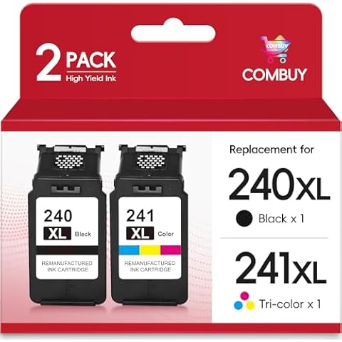 Remanufactured Ink Cartridge Replacement for Canon Printer Ink 240 241 Combo Pack PG-240XL CL-241XL for Pixma MG3620 MG3600 TS5120 MG3520 MX512 MG3520 MG3600 MG3220 Printer (1 Black 1 Tri-Color) Cover