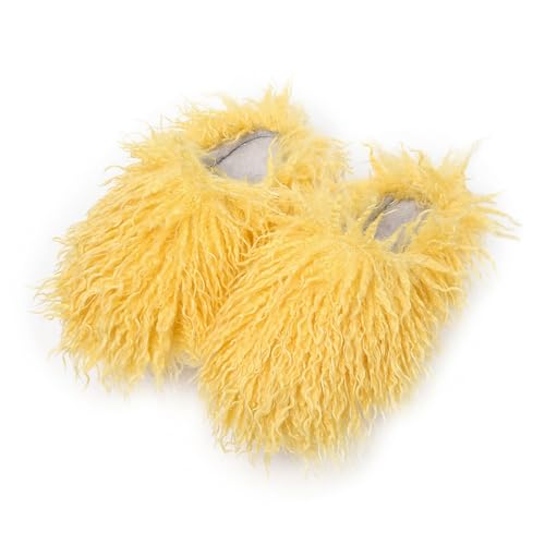 Image of Unisex Fuzzy Faux Fur Slippers, Women's Fluffy Long Hair Sheep Faux Fur Slip on Slides, Girls Luxury Big Fluffy Outdoor Flat Slippers, Long Curly Hair Non-Slip Warm Home Slide Shoes