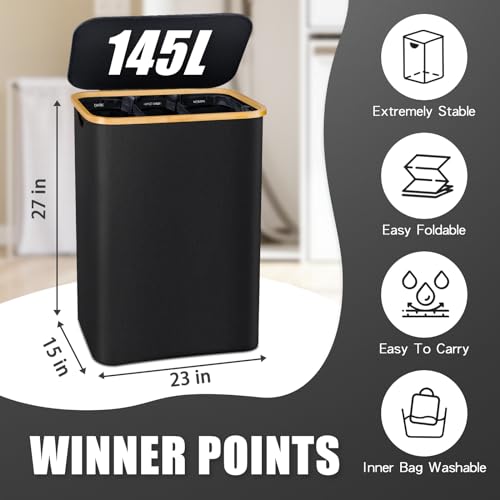 Hampers for Laundry Basket with Lid, 145L Extra Large 3 Section Clothes Divided Organizer for Bedroom, Laundry Room, Dirty Clothing Hamper, Black