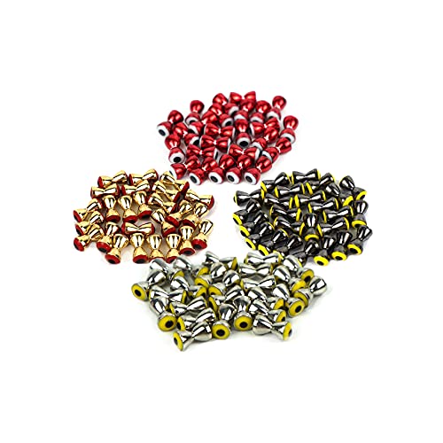 Aventik 25pc Pack Brass Dumbbell Shaped Fish Eyes Realistic Fly Tying Materials, Lure Jig, Easy to Use, Corrosion Resistant, Various Sizes & Colors for Trout, (Gold with red Eyes, 6.3mm)