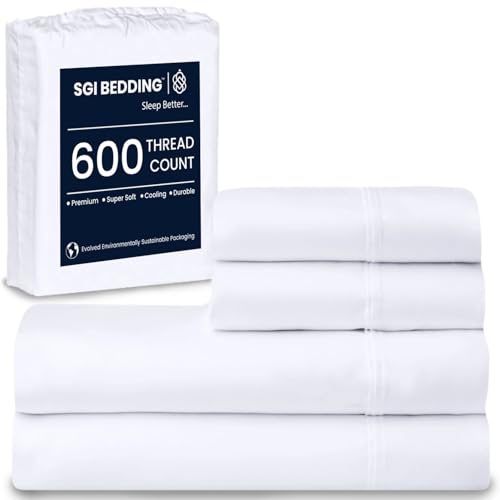 SGI bedding 600 Thread Count 100% Egyptian Cotton Twin Sheet Set White – Luxury 4-Piece Super Soft Bed Sheets, Breathable Hotel-Quality Bedding, 15” Deep Fitted, Cooling, Durable & Non-Pilling