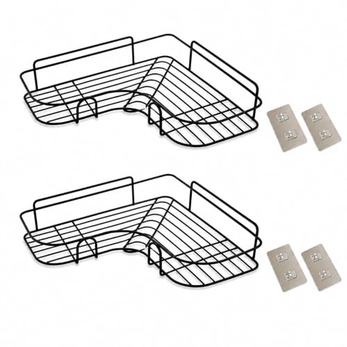 Image of Adhesive Wall-Mounted Corner Shelf Rack (Pack of 2) - Rustproof Metal Kitchen & Bathroom Organizer for Spices, Toiletries, and Cleaning Supplies, No Drill Installation (Black)