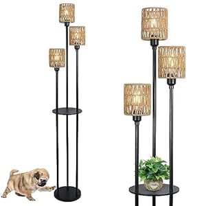 Rayofly rotan vloerlamp woonkamer, boho vloerlamp met plank, 3-lichts vintage vloerlamp met rotan lampenkap & voetschakelaar, industriële vloerlamp voor slaapkamer kinderkamer kantoor, hoogte 168cm