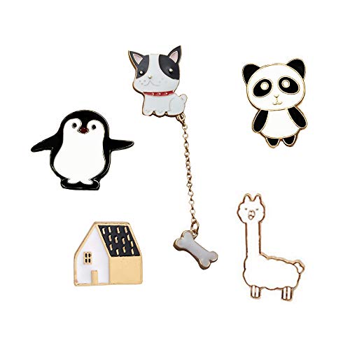 FLYPARTY 5 Pcs Cute Enamel Lapel Pins Set Cartoon Animal Plant Fruits Foods Brooches Pin Badges for Clothing Bags Backpacks Jackets Hat DIY (Penguin Panda Dog Alpaca House)