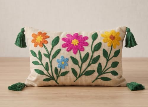 Image of Furnistitchs Boho Rectangle Cushion Cover 12x20 inches | Handmade Decorative Throw Pillow Case | Bohemian Home Decor Sofa Bed Cushion Cover Living Room Bedroom (2, Multi Daisy, 12x20 inches)