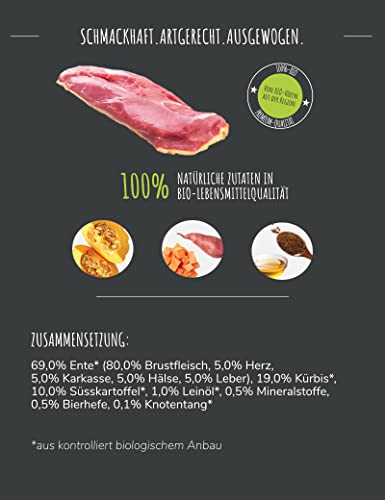 Baluna Bio-Ente Hundefutter | Von Bio-Höfen aus der Region | Hergestellt in DE | Hoher Fleischanteil | Bio-Ente 800g