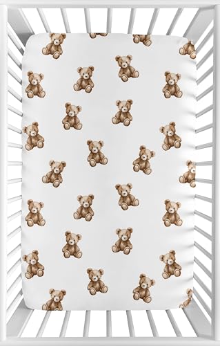 Image of Sweet Jojo Designs Baby Fitted Mini Crib Sheet (Boho Teddy Bear) for Boys or Girls, Newborn /Infant Nursery, Play Yards, Portable Cribs (Brown Bears, Watercolor, Bohemian, Classic, Wholesome Aesthetic)