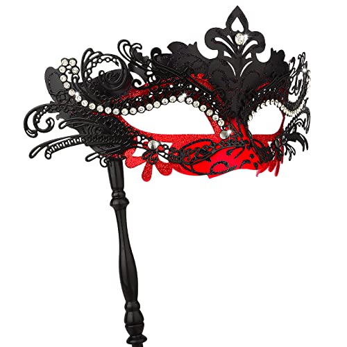Hoshin Maskenmaske mit Stock, Mardi Gras Deecorations Venezianische Masken für Damen (Rot & Schwarz) Cover