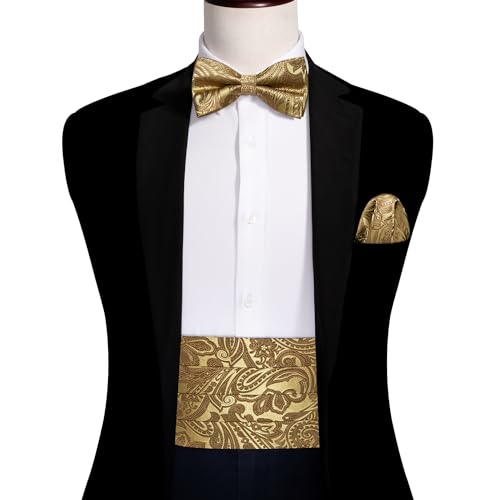 Image of YOHOWA Men Cummerbund Bow Tie Set Silk Paisley Formal Pre-Tied Bowtie Pocket Square Cufflinks Wedding Party Prom