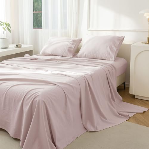 JIYUAN Twin Size Sheet Set, 3-Piece - 100% Washed Cotton, Linen-Like Soft & Breathable, Includes Deep Pocket Fitted & Flat Sheet with 1 Pillowcases, Hotel Quality, Heathered Greyish Pink — view 4