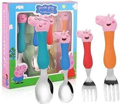 Meraki Wonder Stainless Steel Pig Kids Spoon Set with Fork Set & Plastic Handle for Children (Pack of 4)
