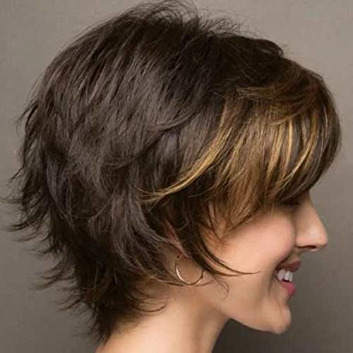 YBY Perucas femininas modernas de cabelo liso curto, fofo, franja curta, castanho escuro, perucas fe