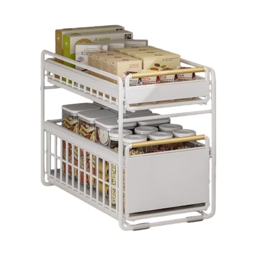 キッチン収納、シンク下収納、キャビネット引き出しバスケット、引き出し式多機能隙間収納、省スペースキッチン卓上、組み立て簡単、安定、家庭用 (ホワイト,二重層(大))