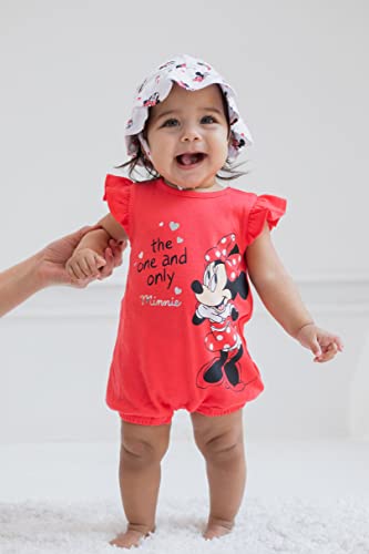 Disney Minnie Mouse Infant Baby Girls Snap Romper and Bucket Sun Hat Red 12 Months