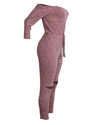 IyMoo Womens Sexy Off Shoulder Long Sleeve High Waisted Long Bodycon Jumpsuits Rompers Burgundy Medium - Thumbnail 6