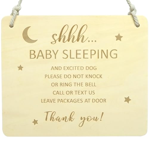 HAMUIERS Baby Sleeping Sign for Front Door, Do Not Knock or Ring the Bell Sign, Wooden Door Hanger for Outside Porch Kids Room Nursery Boho Decor - Rectangle