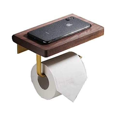 BSPOILED Toilet Paper Holder with Shelf Mobile Phone Holder Stick on or Screwed in Wall Dark Walnut Wood and Aluminium Brushed Gold Cover