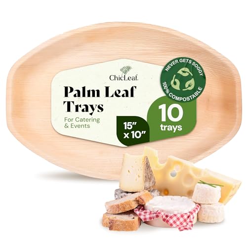 Chic Leaf All Natural Compostable & Disposable Rectangular 15" x 10" Palm Leaf Tray for Party Charcuterie Board, Winter Catering & Wedding Upscale Look for your Summer Brunch - Party Plates (10 pc)