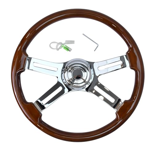 TIYPEOR 18'' Wooden Steering Wheel with 4 Spokes and 2'' Deep Plated Bracket, Modified Interior Accessory for Semi-Trailers, Compatible with Kenworth, Peterbilt, Volvo, Freightliner Trucks