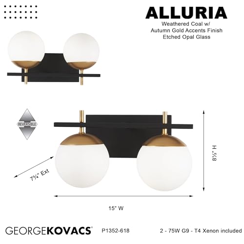 Image of GEORGE KOVACS P1352-618 Alluria Vanity Bath Light, 2-Light, 150 Total Watts, 8.5-in H x 15-in W, Weathered Black with Autumn Gold