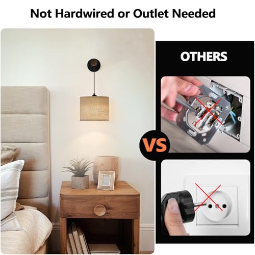 Image of XSDeTu Rechargeable Battery Operated Wall Sconces Set of 2, Modern Battery Powered Wall Light with Wooden Arm & Remote Control, Adjustable 3 Colors Dimmable Wall Lamps for Bedroom, Living Room