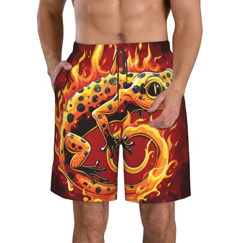 Men's Quick Dry Swim Shorts Fire Salamander Gecko Flames Animal Red Beach Trunks with Pockets
