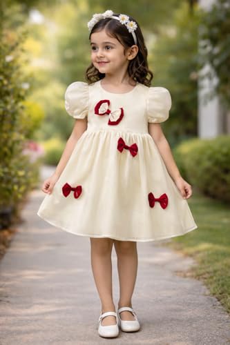 Image of Buy & Try Girls Silk Party Dress, Floral Printed Knee Length Frock with Short Sleeves, Comfortable Fit & Zipper Closure, Elegant Birthday, Wedding, Festival & Special Occasion Wear for Kids