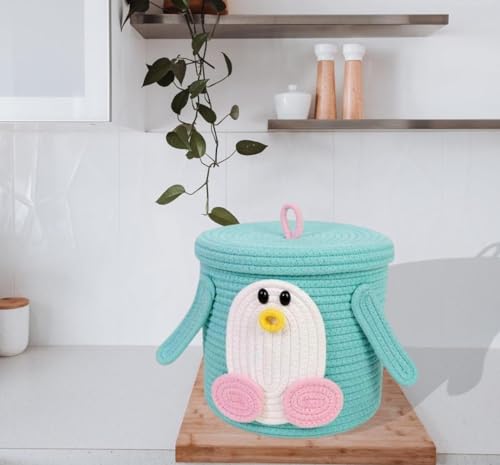 Image of Aroma Brand Kids Lid Basket with Beautiful Characters - Rope Storage Basket for Baby Diaper, Stuffed Animal Storage Bin Rope Basket for Kids Toy, Baby Laundry Baskets with Lid (Sea Green Penguin)