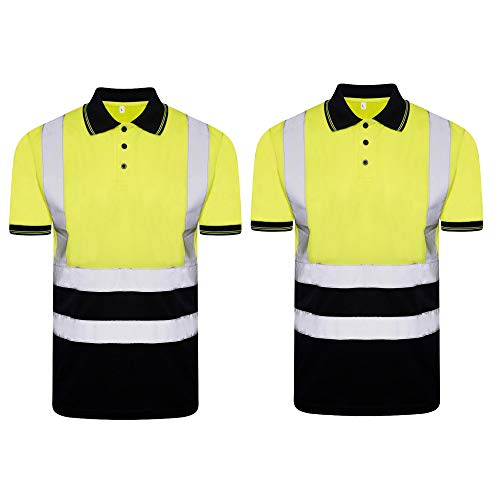 Ace Online Lot de 2 polos haute visibilité à manches courtes, haute visibilité, sécurité de travail, respirant, bicolore, léger, bande réfléchissante, Jaune marine / Lot de 2, XXL Cover