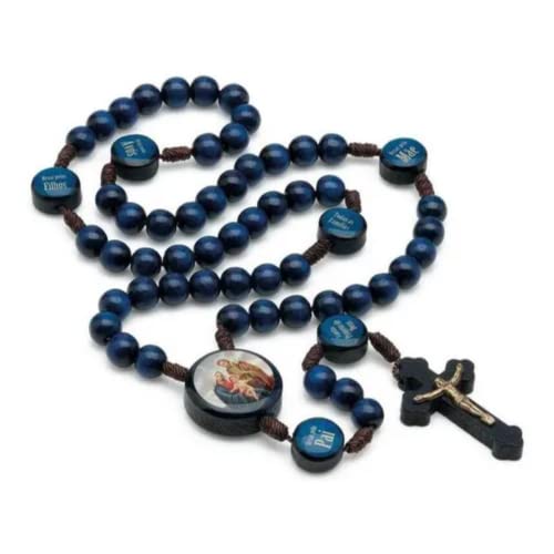 Terço Madeira Azul Cordão 8mm Eu Rezo pela minha família