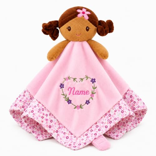 Image of June Garden Personalized Baby Girl Lovey Blanket Zuri - 15 inch x 15 inch Plush Comforter with Rattle Doll Head, Custom Name Embroidery Security Blanket with Toy Attachment Strap