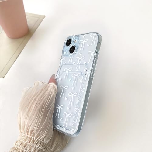 NITITOP Compatible with iPhone 15 Plus Case Clear with Card Holder Cute Bowknot Pattern Bow Ribbon Little Love Hearts for Women Girls Soft TPU Wallet Case Protective Cover - White by NITITOP - Image 7