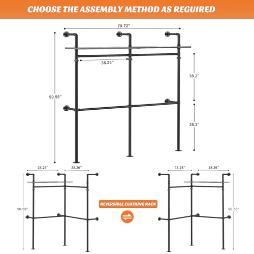 Aheaplus Industrial Pipe Clothing Rack, Reversible 79.7'' Clothes Rack for Hanging Clothes, Heavy Duty Garment Racks Closet Wardrobe Racks with LED Lights& Shelves, Walk-in Closet System, Black Oak by Aheaplus - Image 6
