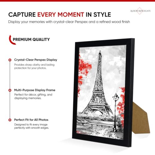 Alison Kingsgate Sleek 12X10 Picture Frame - Engineered Wood with Shatterproof Perspex Front -Perfect for Photos, Posters, Certificates -Suitable for Wall Mount or Tabletop Display - Black