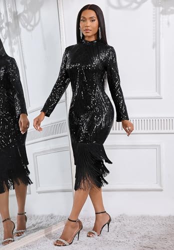 Image of Cololura Sexy Elegant Women Sequin Long Sleeve Tassel Bodycon Midi Dress Party Evening Gown Formal Dress
