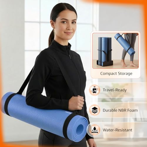 Image of Amazon Basics NBR Yoga & Exercise Mat with Carrying Strap | 8 mm Thick Cushioned Support | Non-Slip Textured Surface | Lightweight & Durable Foam Rubber Material | Floor Protection | Ideal for Yoga, Pilates & Home Workouts | 183 x 61 cm | Blue
